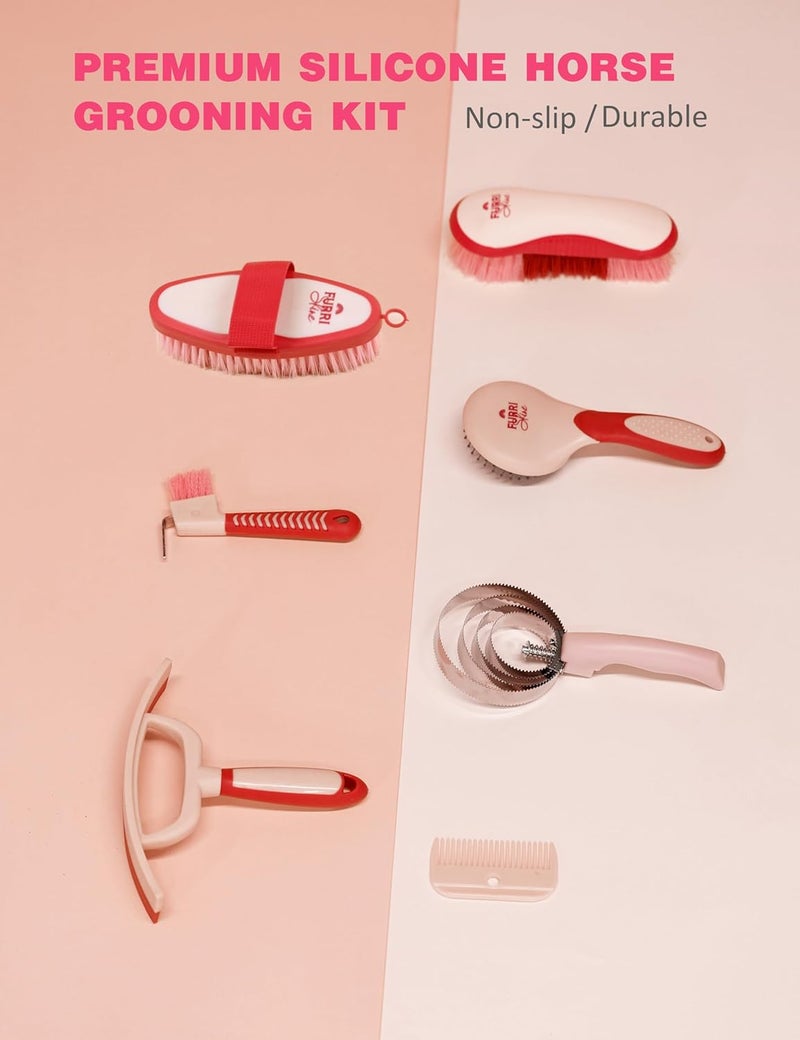 Furrishine 9PCS Horse Grooming Kit Curry Comb Sweat Scraper Horse Bathing Supplies Grooming Tools with Storage Bag Pink Garnet - Image 3